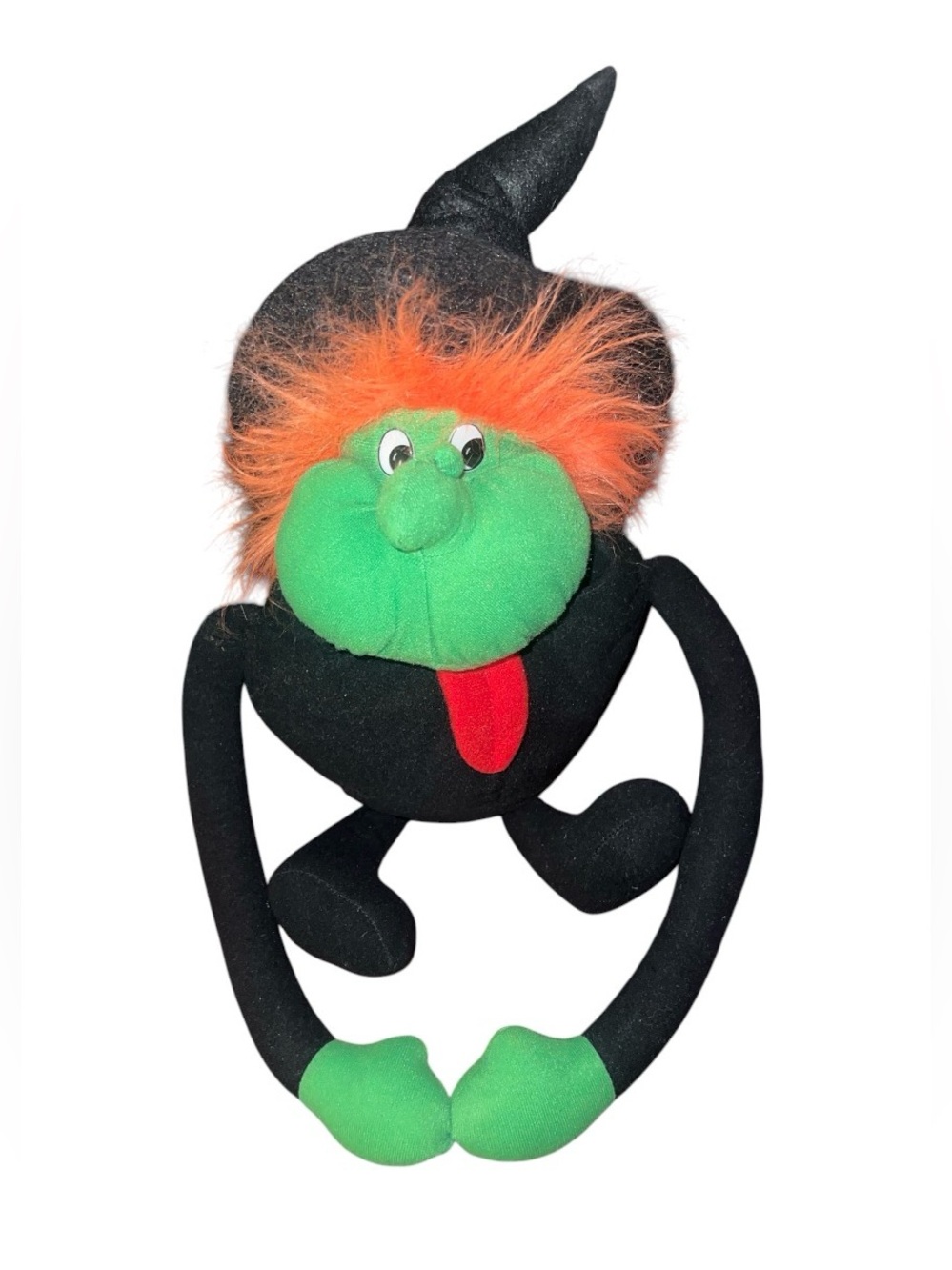Plush Halloween Witch Decoration in Black with Green Face and Orange Hair